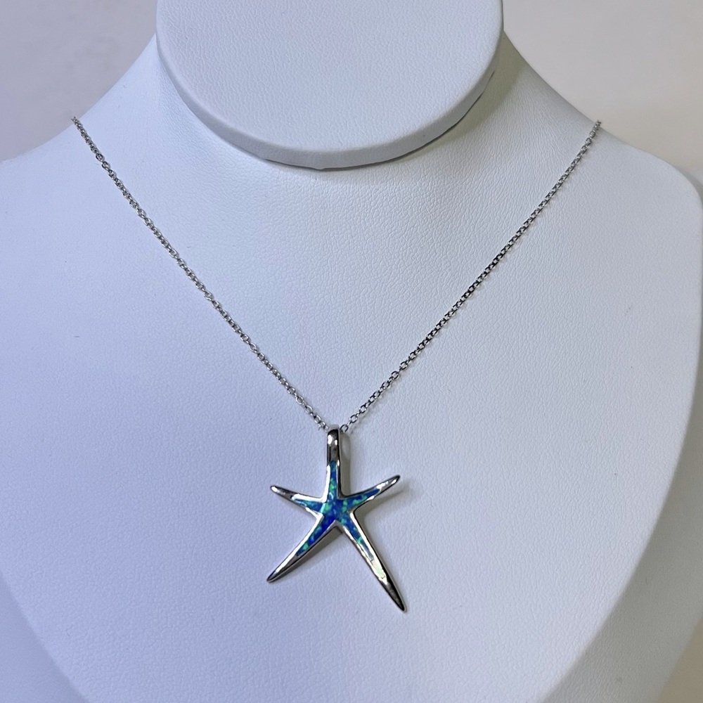 Sterling Silver 925 Starfish Pendant Necklace with opal inlay